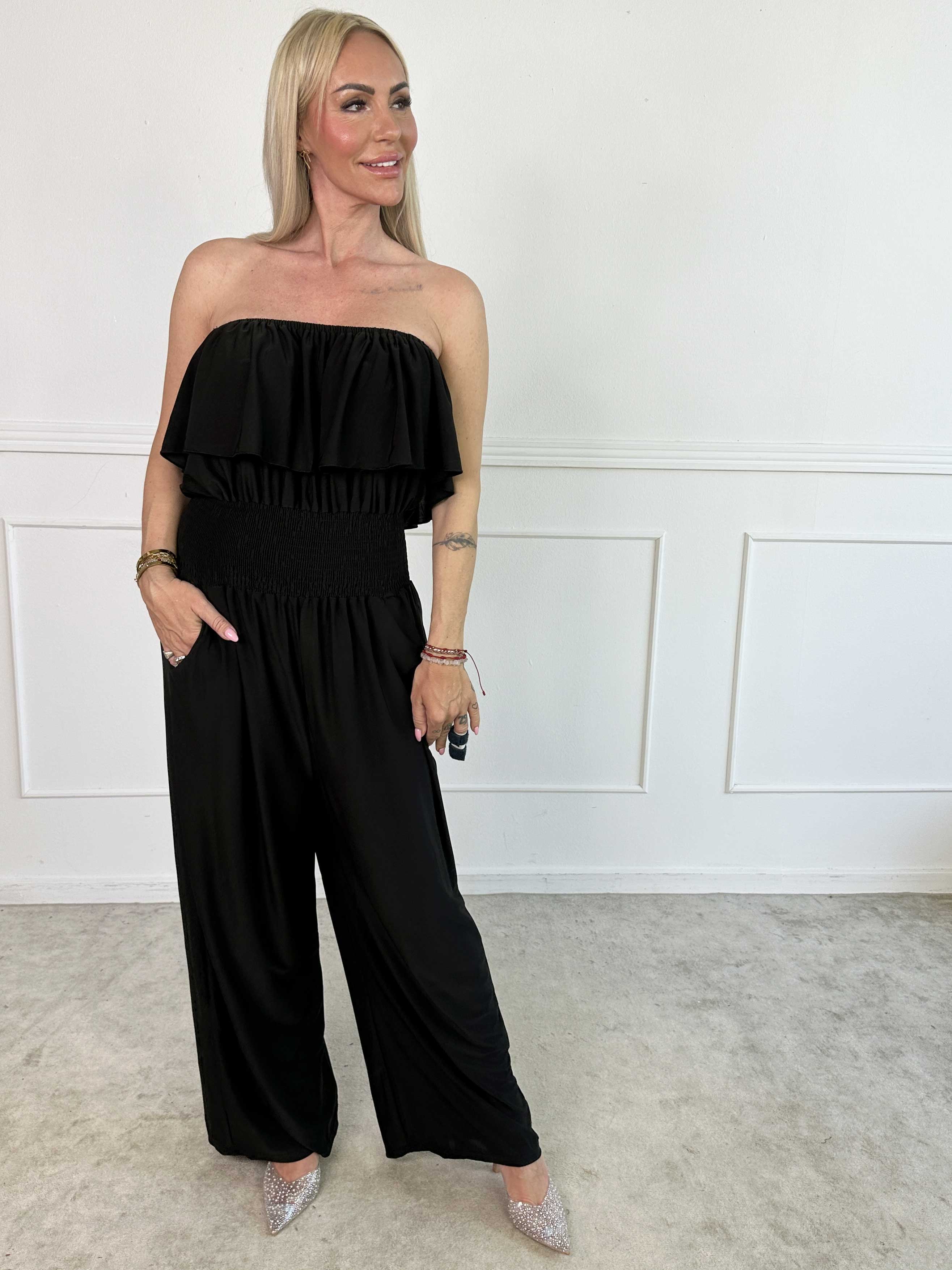 Pams Plain Frill Jumpsuit - Elastisk buksedragt med smock og flæse